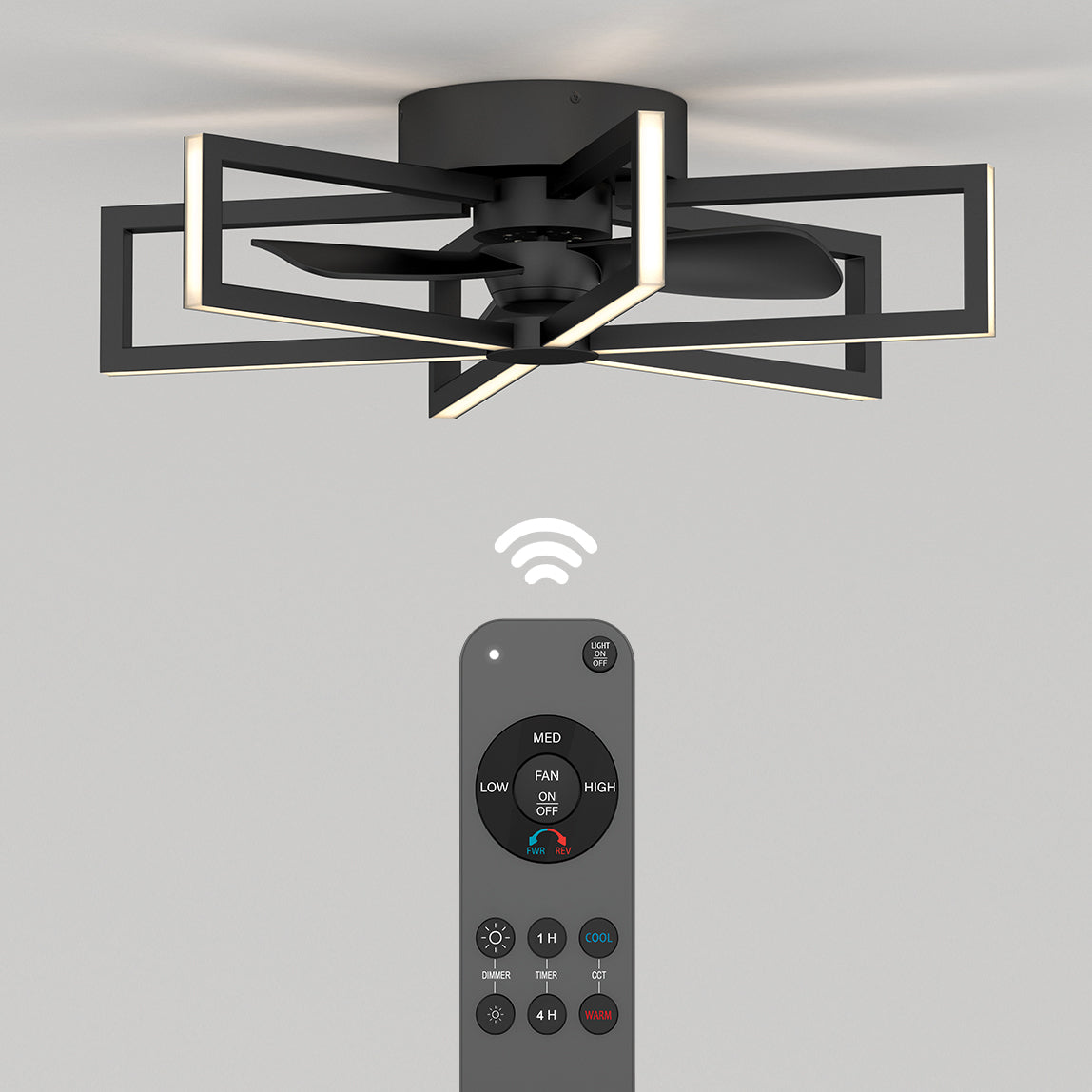 The Artika Swirl 26 in. LED modern ceiling fan features a geometric black frame, integrated LED lights, and 3 speeds. It is mounted on a white ceiling and includes a remote control for convenient wireless operation.