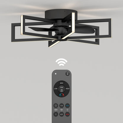 The Artika Swirl 26 in. LED modern ceiling fan features a geometric black frame, integrated LED lights, and 3 speeds. It is mounted on a white ceiling and includes a remote control for convenient wireless operation.