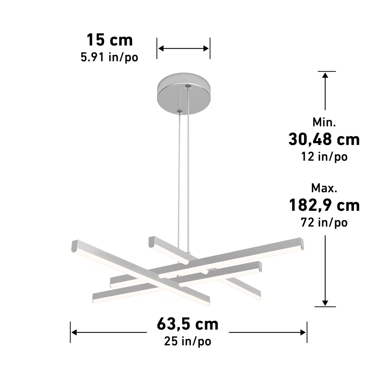 The Artika Grid modern LED pendant light 5 CCT features four intersecting bars suspended from a round, 15 cm diameter ceiling mount, measuring 63.5 cm wide with an adjustable height from 30.48 cm to 182.9 cm.