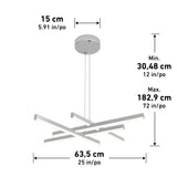 Modern ceiling light fixture with four intersecting horizontal bars, suspended from a round base. Dimensions: fixture width 63.5 cm (25 in), base width 15 cm (5.91 in), adjustable height 30.48–182.9 cm (12–72 in).