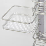 A close-up view of a metal and clear plastic wire shelf, attached to a vertical rail, designed for organizing items in a kitchen or bathroom cabinet.