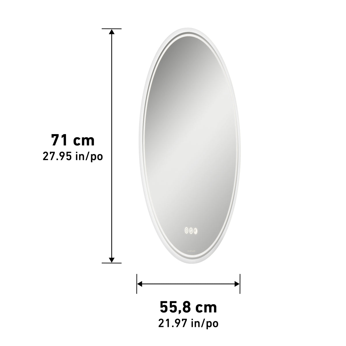 Oval mirror with a white frame, measuring 71 cm (27.95 in) in height and 55.8 cm (21.97 in) in width, shown with measurement arrows and labels beside and below the mirror.