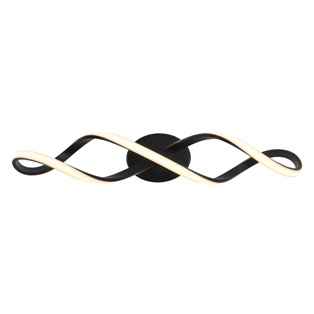 A modern black wall light fixture with two intertwined, wave-shaped LED light bars mounted on a circular black base.