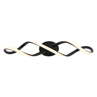 The Artika Swirl LED bathroom vanity light features two intertwined, wave-like LED strips on a round black base for a sleek, contemporary look.