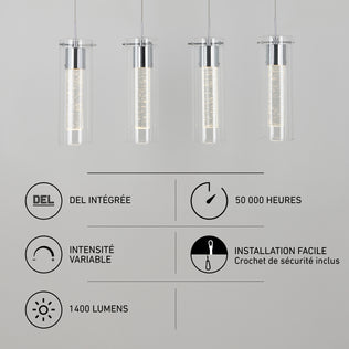Four cylindrical glass Essence 4-light LED pendant lights with integrated technology, a 50,000-hour lifespan, dimmable features, and 1400 lumens.
