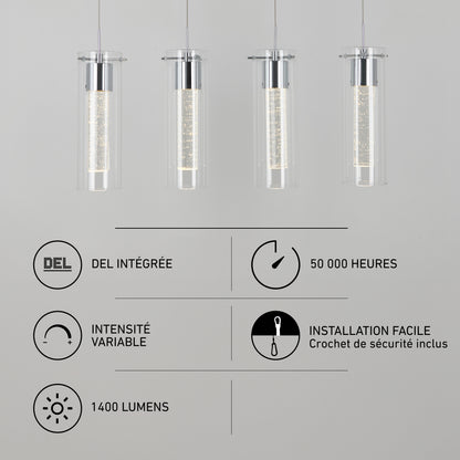 Four cylindrical glass Essence 4-light LED pendant lights with integrated technology, a 50,000-hour lifespan, dimmable features, and 1400 lumens.
