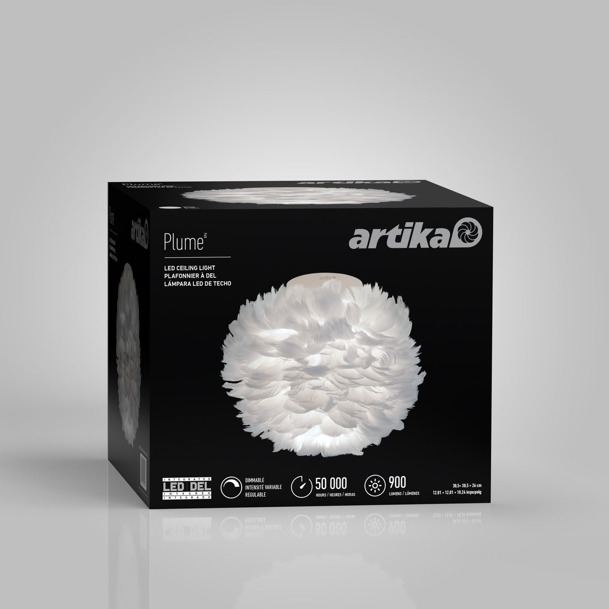 A square box with Artika branding contains a Plume LED ceiling light. The box features an image of the light, which resembles white feathers, and highlights specs like 50,000 hours lifespan and 900 lumens brightness.