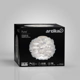 A square box with Artika branding contains a Plume LED ceiling light. The box features an image of the light, which resembles white feathers, and highlights specs like 50,000 hours lifespan and 900 lumens brightness.