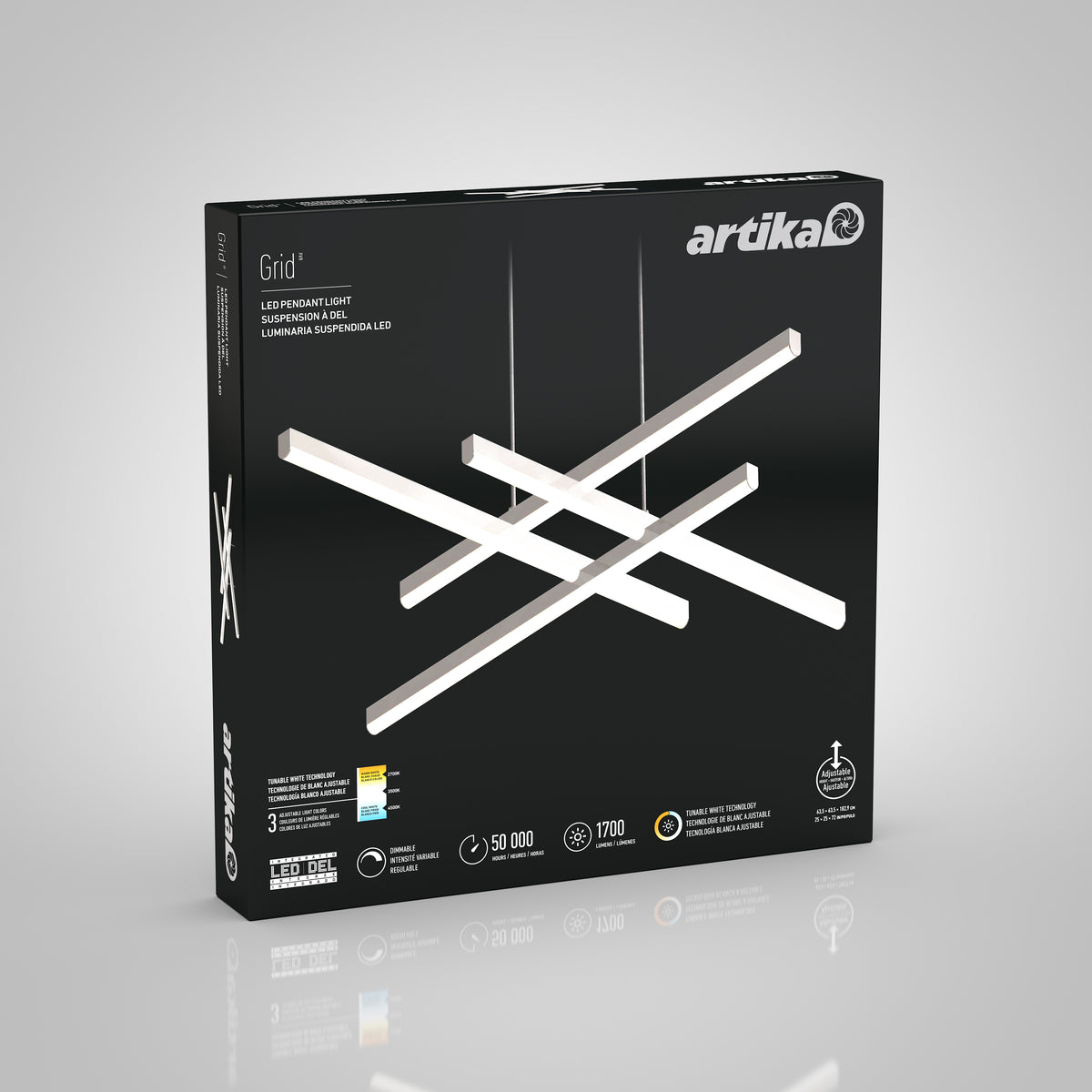 A black box of Artika’s Grid modern LED pendant light 5 CCT displays the fixture’s geometric, intersecting bars design with icons highlighting its LED features and specifications.