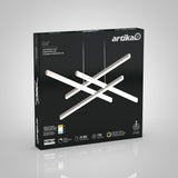A black box displays the Artika Grid LED pendant light, showing a modern chandelier with intersecting linear bars. The packaging highlights its brightness, lifespan, warranty, and energy-saving features.