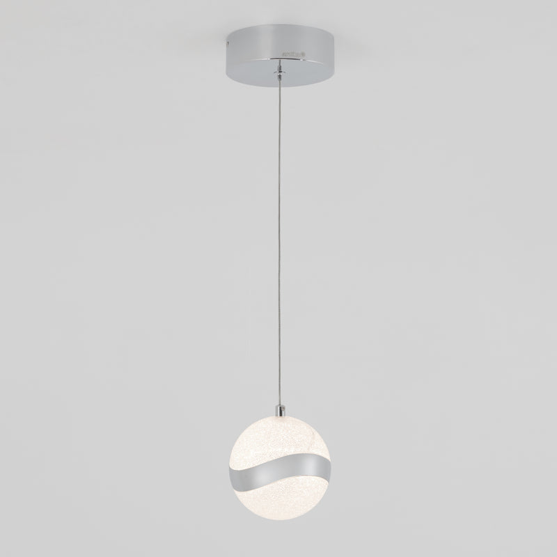 The Artika Wavey LED pendant light features a round frosted white globe with a silver wavy accent, suspended from a silver ceiling mount by a thin cord, shown against a plain white background.