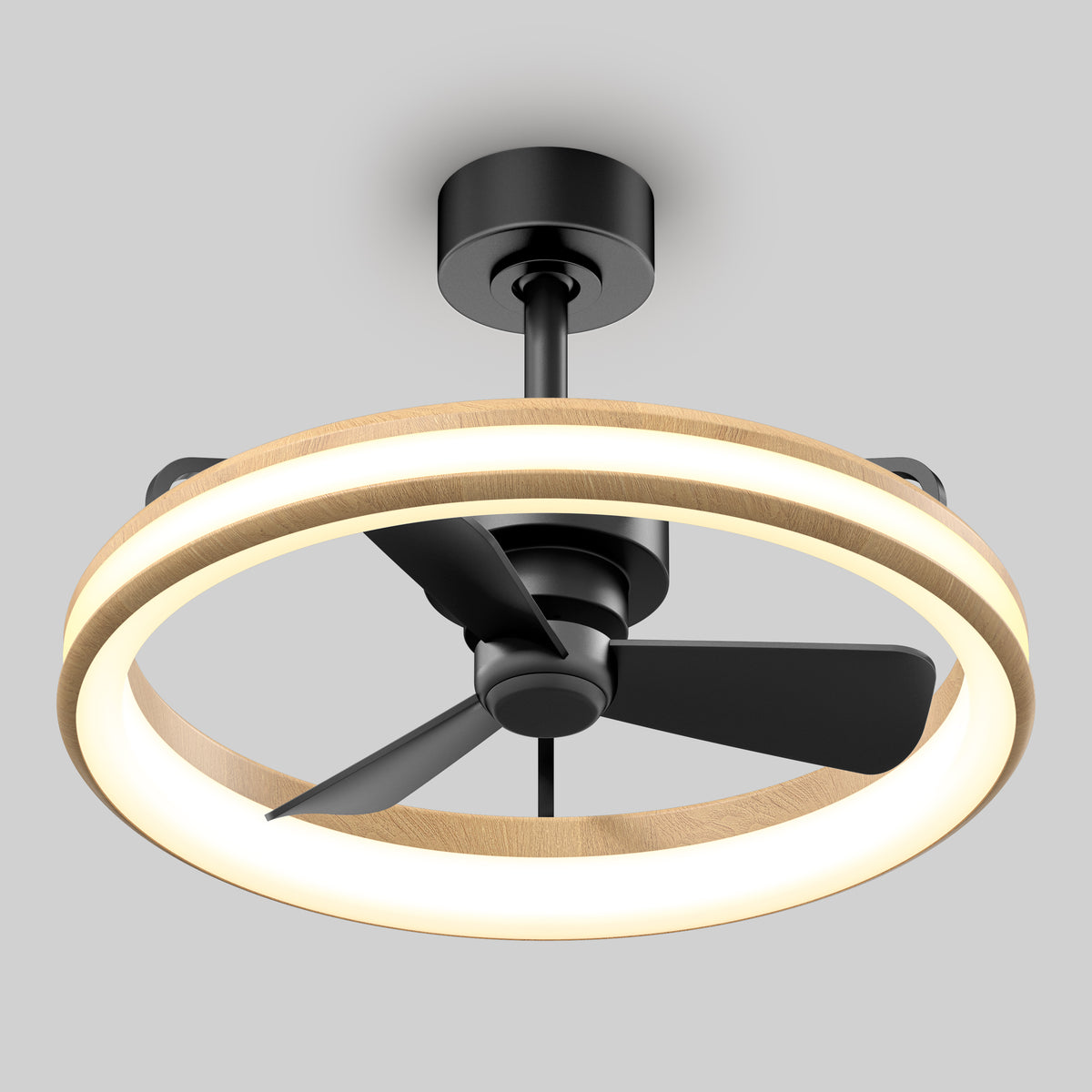 A modern ceiling fan with three black blades and a circular wooden LED light surrounding the blades, mounted on a black fixture against a plain gray background.