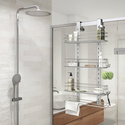 Modern bathroom with a rainfall and handheld shower plus a glass partition. The Artika Camden Shower Caddy holds toiletries above a wooden vanity with sink in the background.