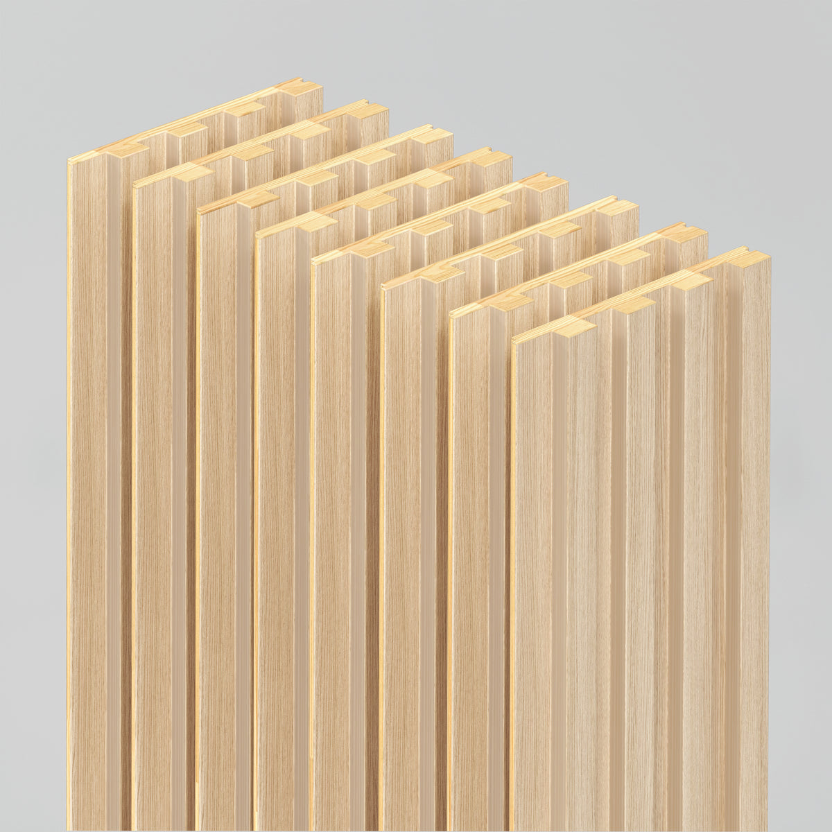 The Artika Panolok 30.67 ft wall panel kit (pack of 8) features vertical, oak-finished wooden planks with visible grain, neatly arranged for a clean, Scandinavian-inspired look against a light gray background.