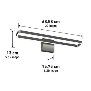 The Artika Hinge LED modern bathroom vanity light 3 CCT, in matte black, is a rectangular wall sconce ideal for bathrooms, measuring 68.58 cm wide, 13 cm tall, and 15.75 cm deep.