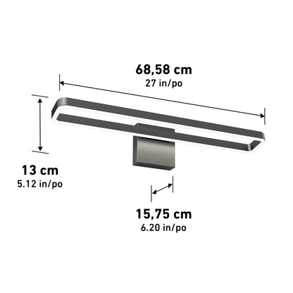 The Artika Hinge LED modern bathroom vanity light 3 CCT is a rectangular, wall-mounted fixture with a central mounting base, measuring 68.58 cm wide, 13 cm tall, and 15.75 cm deep, featuring a sleek modern design.