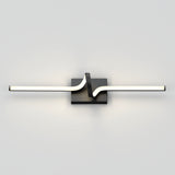 A modern wall light fixture with a horizontal, wavy LED bar mounted on a square black base, casting soft illumination on a plain white wall.