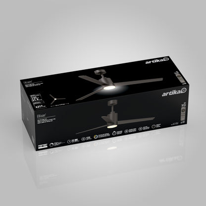 A black box displays the Artika Ellison 52 in. LED modern ceiling fan with remote, showing images and specs like three blades, 13W LED light, matte black finish, and remote control on its packaging.