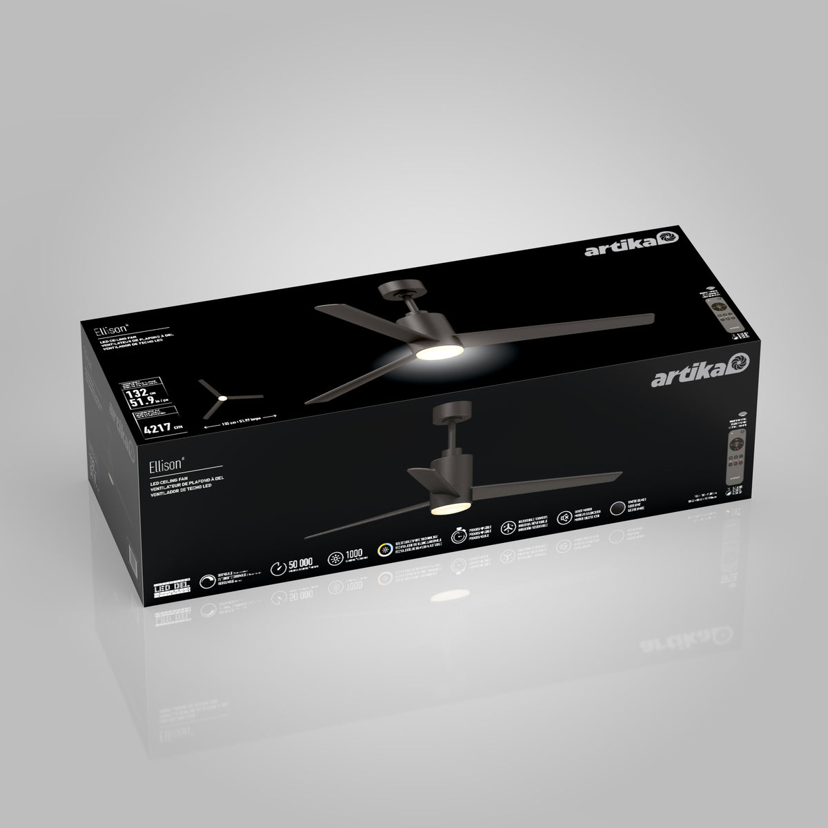 A black Artika ceiling fan box features an image of the fan with three blades and a central light. The packaging displays product specifications and icons on a white and gray background.