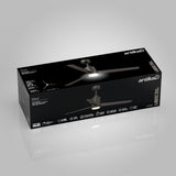 A black Artika ceiling fan box features an image of the fan with three blades and a central light. The packaging displays product specifications and icons on a white and gray background.
