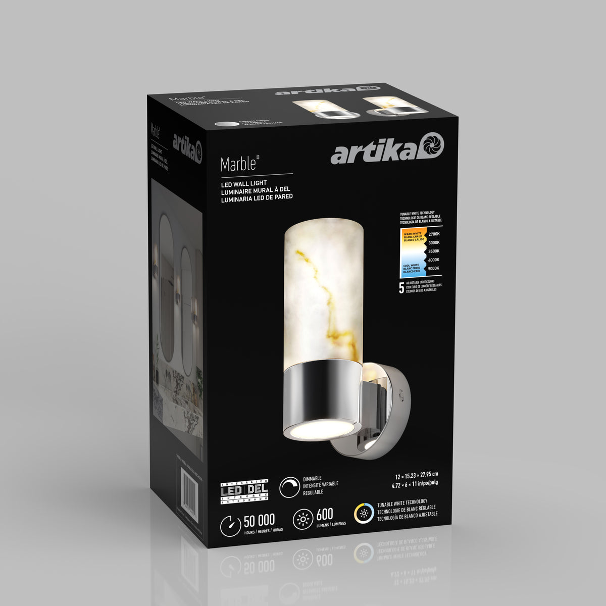 A black box displays the Artika Marble LED contemporary sconce 5 CCT, showing an image of the cylindrical lamp with a marbled glass shade and silver base. Product details and features are printed on the packaging.