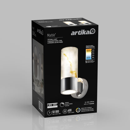 A black box displays the Artika Marble LED contemporary sconce 5 CCT, showing an image of the cylindrical lamp with a marbled glass shade and silver base. Product details and features are printed on the packaging.