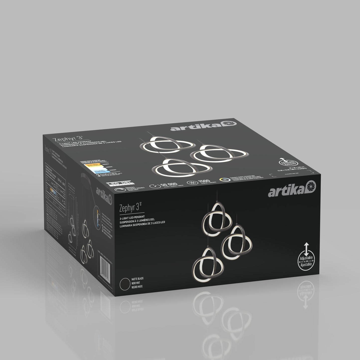 A black box packaging for the Artika Zephyr 3-light LED pendant, displaying images of the modern circular fixture and product details in white text on the sides and top.