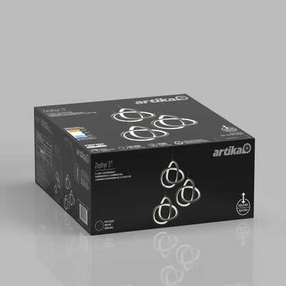 A black box packaging for the Artika Zephyr 3-light LED pendant, displaying images of the modern circular fixture and product details in white text on the sides and top.
