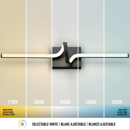 The Artika Bowtie modern LED bathroom vanity light features 5 selectable color temperatures (2700K–5000K) from warm to cool white, labeled in English, French, and Spanish.