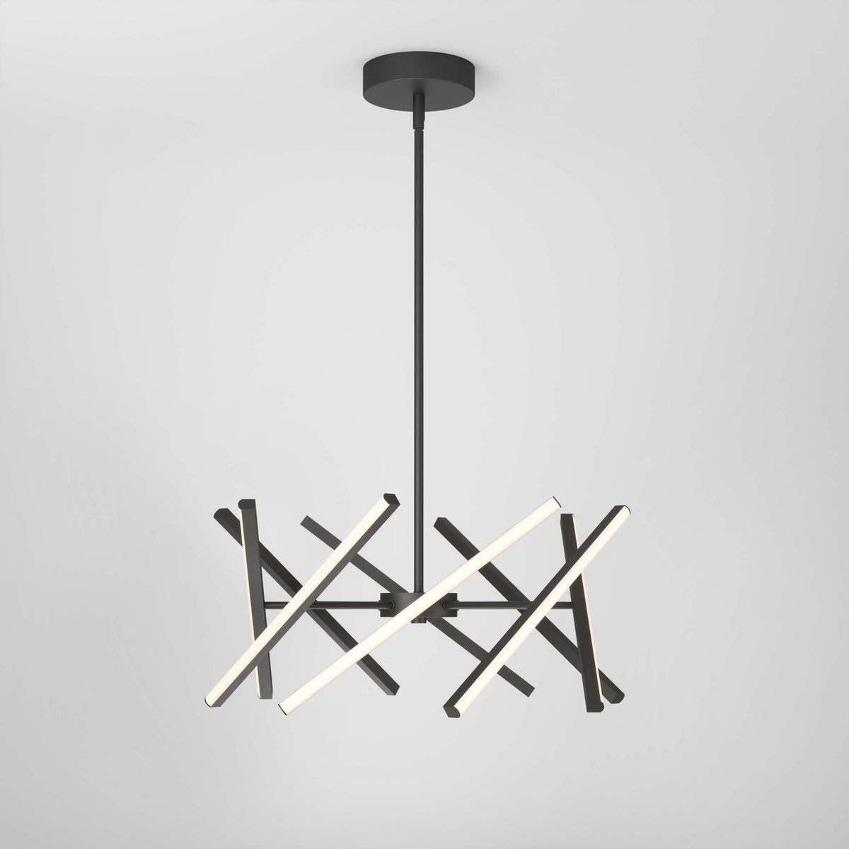 The Artika Malibu LED pendant light 3 CCT is a modern black chandelier featuring intersecting LED bars in a geometric pattern, suspended from a single rod on a white ceiling.