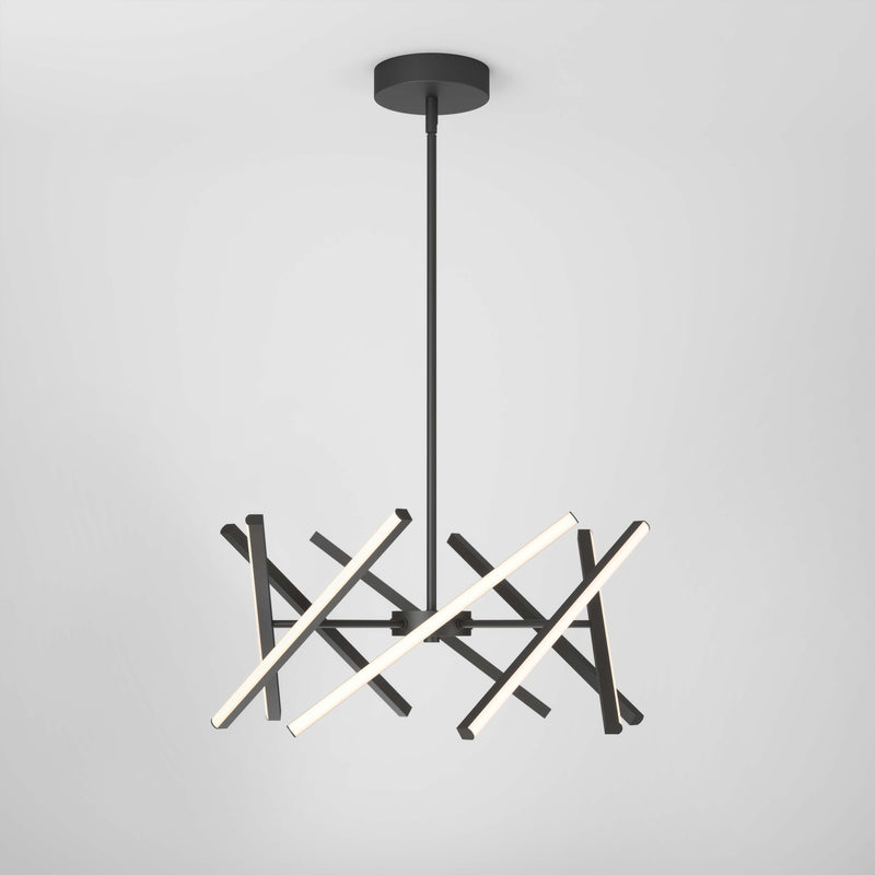 The Artika Malibu LED pendant light 3 CCT is a modern black chandelier featuring intersecting LED bars in a geometric pattern, suspended from a single rod on a white ceiling.