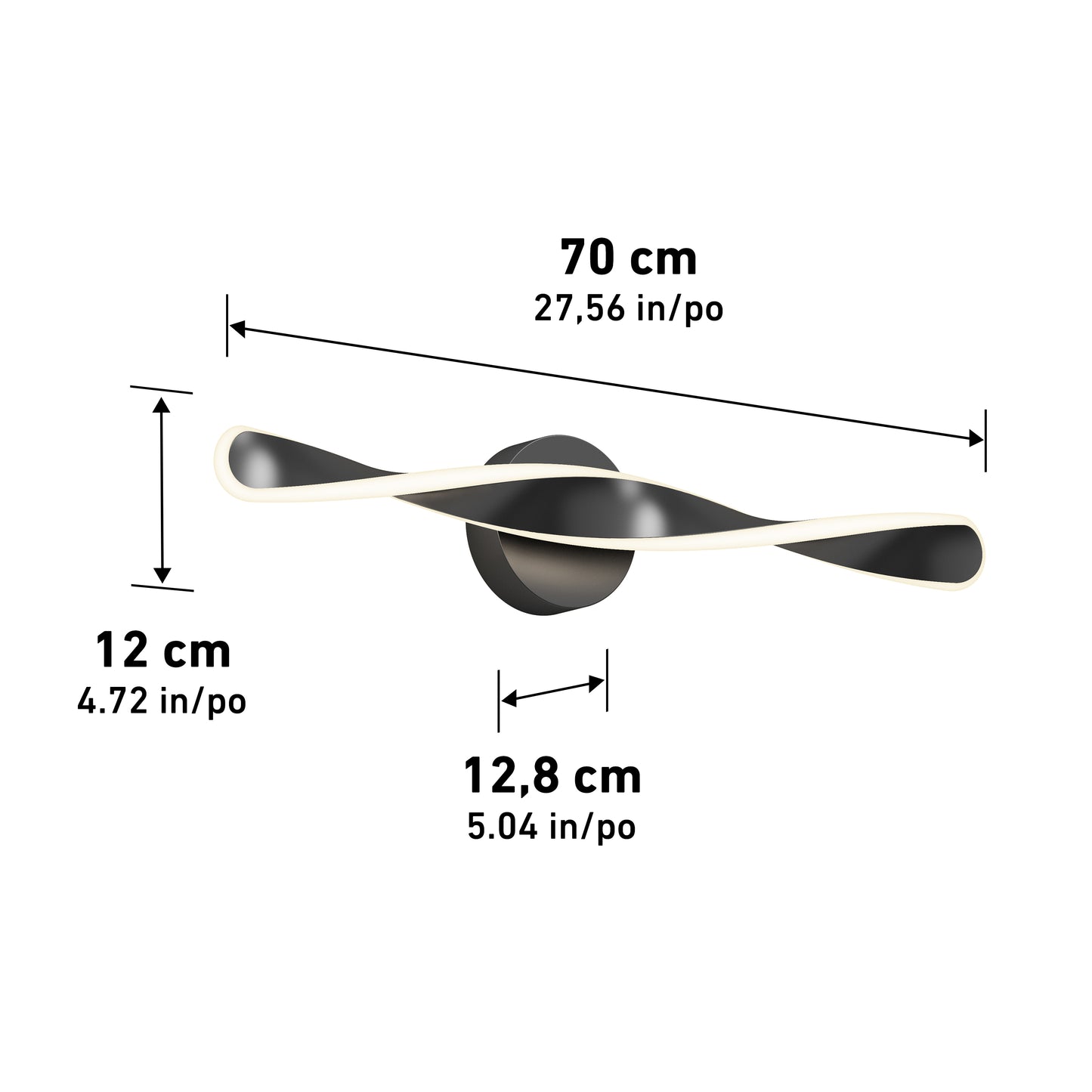 The Artika Finley LED modern bathroom vanity light 3 CCT features a sleek black, wave-inspired design. Dimensions: 70 cm (27.56 in) wide, 12 cm (4.72 in) high, and 12.8 cm (5.04 in) deep.