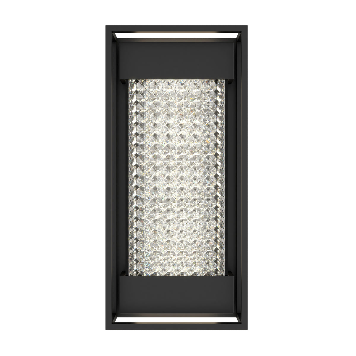 A rectangular, black-framed wall sconce featuring a central panel of sparkling, textured crystal glass illuminated from behind.