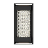 A rectangular, black-framed wall sconce featuring a central panel of sparkling, textured crystal glass illuminated from behind.