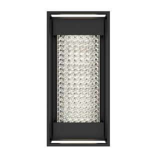 The Artika Glam indoor-outdoor LED wall light features a rectangular black frame and a central panel adorned with rows of sparkling faceted crystals, creating a modern, elegant look for any space.