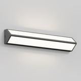 A modern, rectangular wall-mounted light fixture with a black frame and white illuminated panels, emitting a soft glow against a light gray wall.