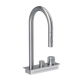 A modern, stainless steel kitchen faucet with a high curved spout and two textured control knobs mounted on a rectangular base.