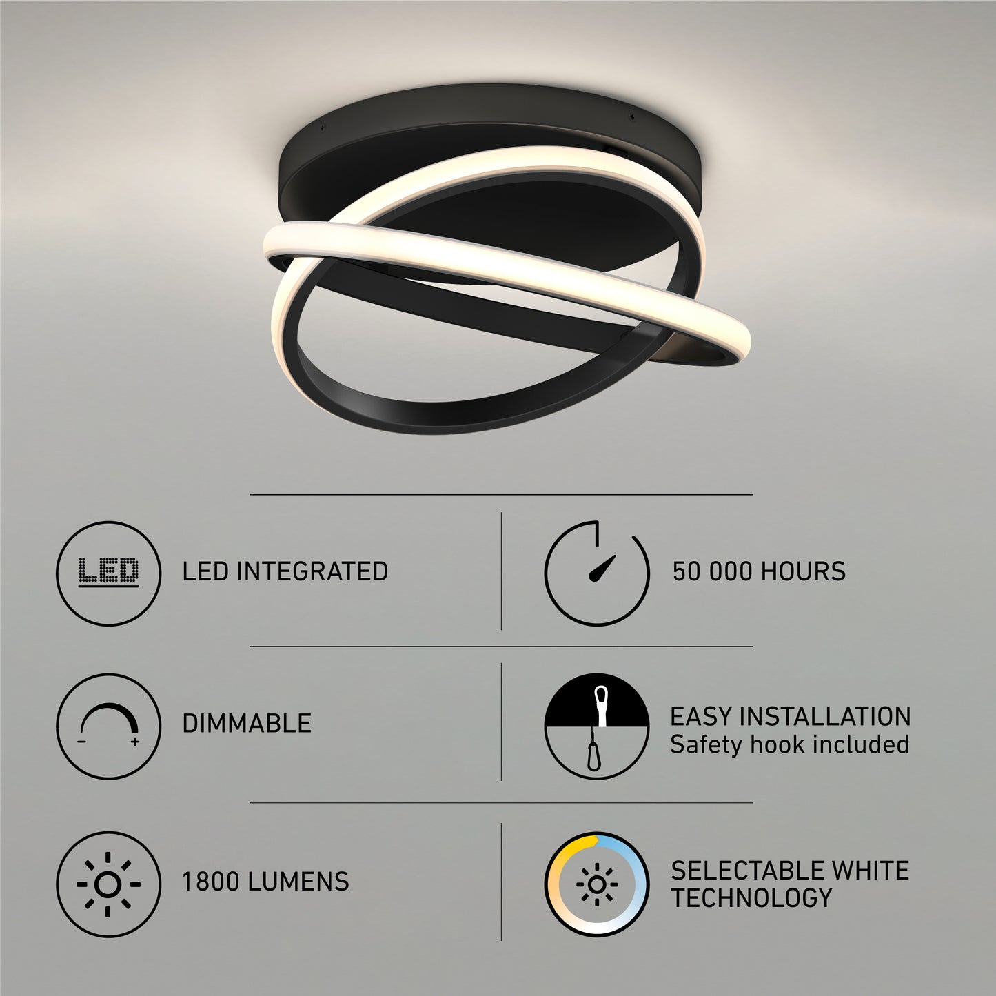 Artika Orbia modern LED flush mount light 3 CCT features integrated LEDs, dimmable brightness, 1800 lumens, 50,000-hour lifespan, selectable white technology, and easy installation with a safety hook.