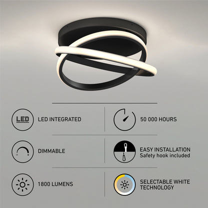 Artika Orbia modern LED flush mount light 3 CCT features integrated LEDs, dimmable brightness, 1800 lumens, 50,000-hour lifespan, selectable white technology, and easy installation with a safety hook.