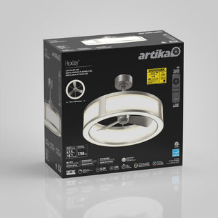 Artika Huxley 23 in. LED modern ceiling fan box shows product image, 3 speeds, quiet motor, and energy guide label.