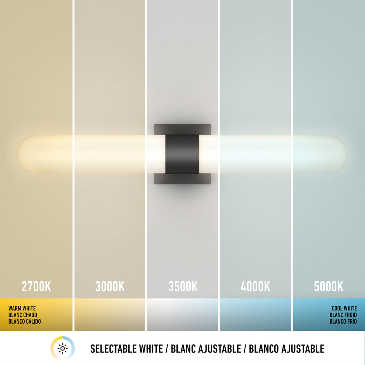A horizontal wall light emits different shades from warm yellow (2700K) to cool white (5000K) across five labeled sections, demonstrating selectable white temperature options. Text is in English, French, and Spanish.