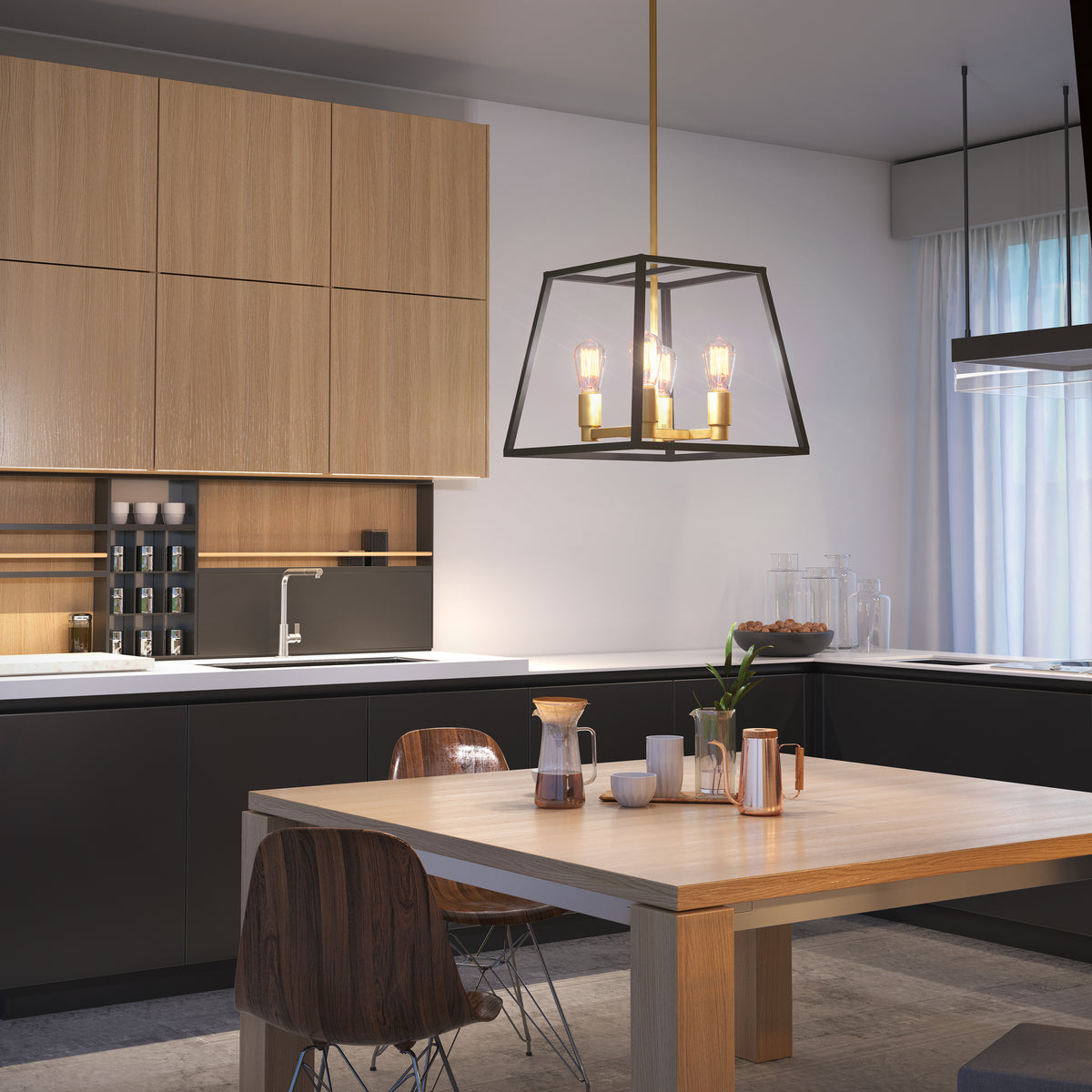 Modern kitchen with wooden cabinets, black lower cabinets, a light wood dining table with four chairs, a stylish geometric pendant light, and a countertop with jars and kitchenware near a window with sheer curtains.