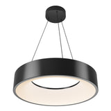 A modern, circular black pendant light fixture with an open center, suspended from the ceiling by three thin cables, emitting a soft, diffused white light from its inner edge.