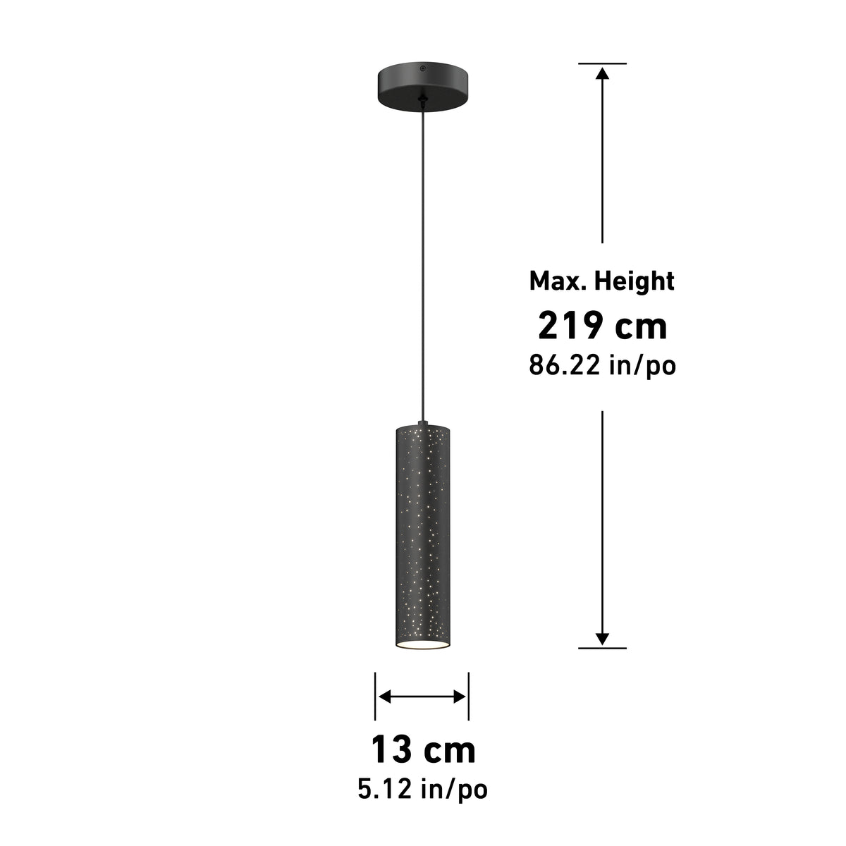 Black cylindrical pendant light with a perforated pattern, hanging from a round ceiling mount. Maximum height is 219 cm (86.22 in), and the cylinder’s diameter is 13 cm (5.12 in).