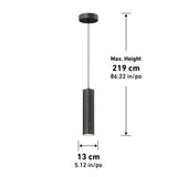 Black cylindrical pendant light with a perforated pattern, hanging from a round ceiling mount. Maximum height is 219 cm (86.22 in), and the cylinder’s diameter is 13 cm (5.12 in).