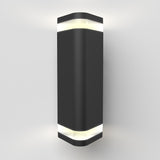 A modern black wall sconce light fixture with a rectangular shape and rounded edges, emitting white light from both the top and bottom against a plain white wall.