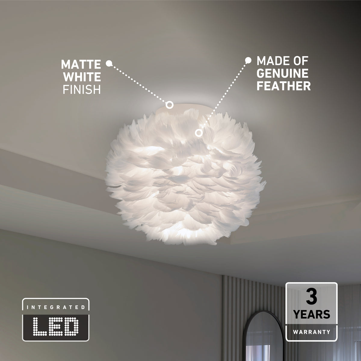 A round ceiling light with a matte white finish, made of genuine feathers, is shown in a modern room. Text highlights features and a 3 years warranty badge is visible. An Integrated LED label appears in the corner.