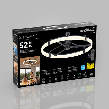Box for Artika Sunnyvale 52 in. LED ceiling fan with remote, featuring product details and a kitchen installation image.