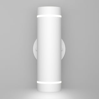 The Artika C7 indoor-outdoor LED wall light 3 CCT is a modern matte white cylindrical sconce with two thin illuminated bands near the top and bottom, mounted vertically on a circular base against a plain light gray background.