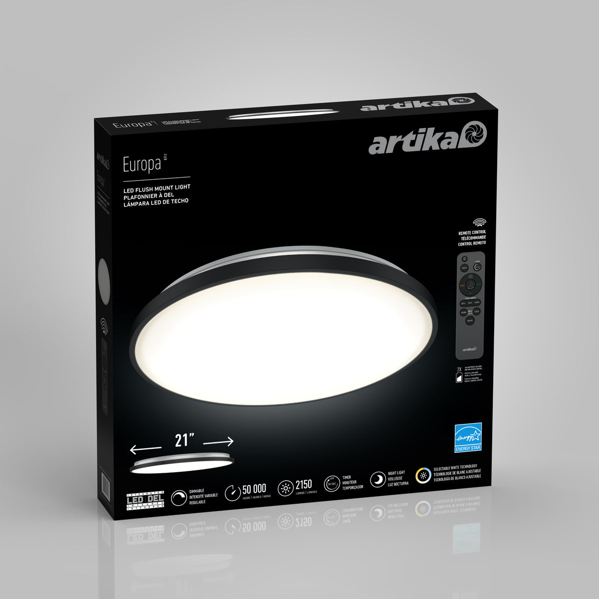 A black box featuring the Artika Europa LED flush mount ceiling light, showing a lit circular fixture, a remote control, and product details such as 21” size, 50,000 hours lifespan, and 2150 lumens.